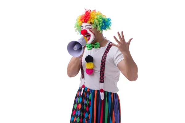 Lustiger Clown mit Megafon auf weißem Hintergrund — Stockfoto