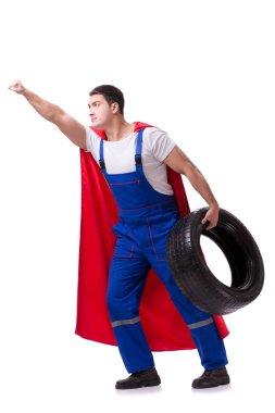 Lastik izole edilmiş beyaz arka planı olan süper kahraman.