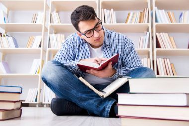 Genç öğrenci kitaplarla çalışıyor.