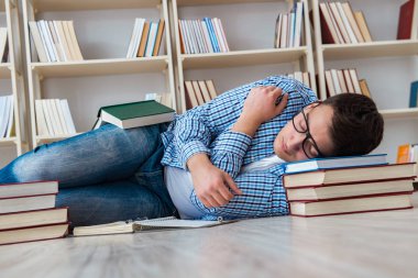 Genç öğrenci kitaplarla çalışıyor.