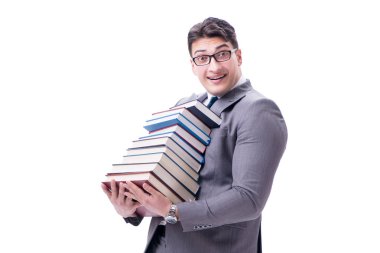 Elinde kitap yığınları taşıyan iş adamı öğrenci.