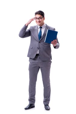 Beyaz arka planda izole edilmiş bir kitap okuyan işadamı öğrencisi