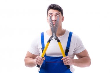 Adam bahçıvan beyaz zemin üzerine Bahçe makası ile izole