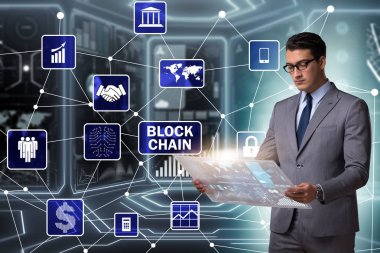 Businessman in blockchain cryptocurrency concept clipart