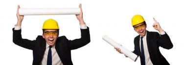 Beyaz üzerine çizimler yapan komik bir mimar.