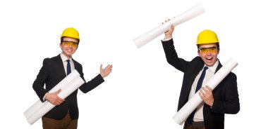 Beyaz üzerine çizimler yapan komik bir mimar.