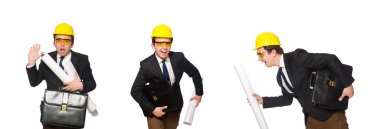 Beyaz üzerine çizimler yapan komik bir mimar.