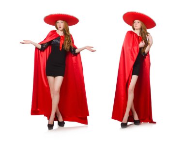 Kırmızı elbiseli Meksikalı kadın beyaz üzerine