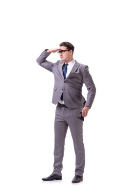 Dürbünlü genç adam beyaza izole edilmiş.