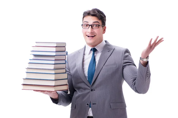 Zakenman student dragen bedrijf stapel boeken geïsoleerd op w — Stockfoto