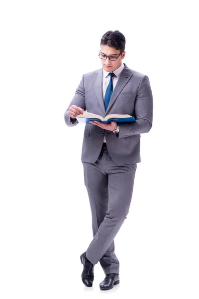 Estudiante de negocios leyendo un libro aislado sobre fondo blanco — Foto de Stock