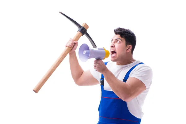 Repairman with megaphone and a digging axe on white background i — Stock Photo, Image