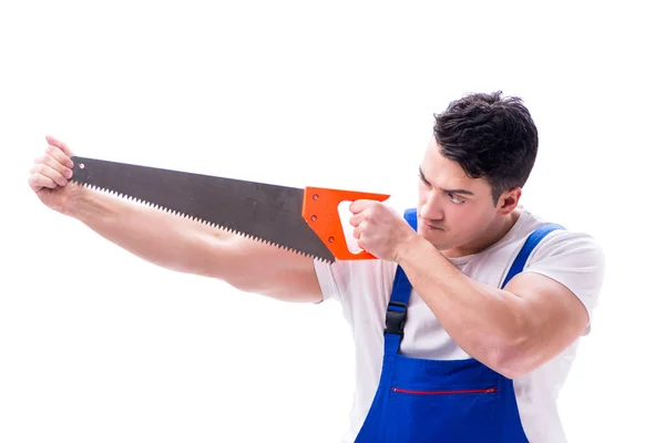 Uomo riparatore con sega a mano su sfondo bianco isolato — Foto Stock