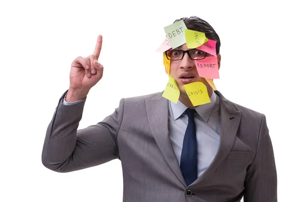 Businessman with many reminders isolated on white — Stock Photo, Image