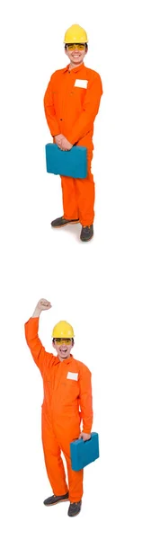 Man in orange coveralls isolated on white — Stock Photo, Image