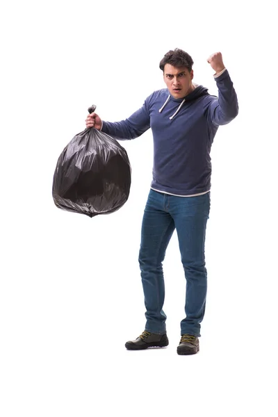 Człowiek z workiem na śmieci odizolowany na białym — Zdjęcie stockowe
