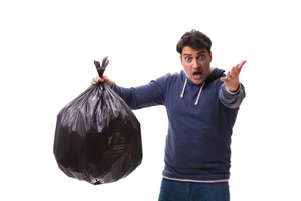 Muž s pytlem na odpadky izolovaný na bílém — Stock fotografie