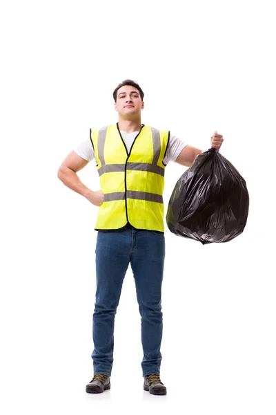 Uomo con sacco della spazzatura isolato su bianco — Foto Stock