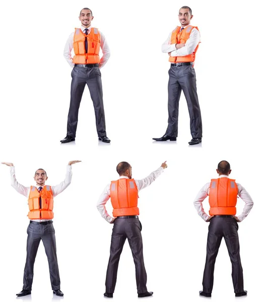 Man in life jacket isolated on white — Stock Photo, Image