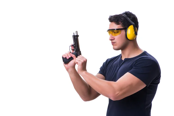 Uomo fare sport tiro da pistola isolato su bianco — Foto Stock