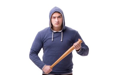 Beyazda beysbol sopası olan genç bir holigan.