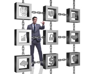 Engelleme zinciri kripto para birimi kavramında iş adamı