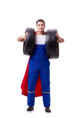 Lastik izole edilmiş beyaz arka planı olan süper kahraman.