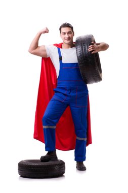 Lastik izole edilmiş beyaz arka planı olan süper kahraman.