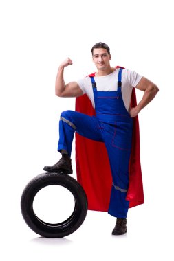 Lastik izole edilmiş beyaz arka planı olan süper kahraman.