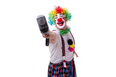 Beyaz arka planda çekici olan komik bir palyaço.
