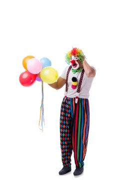 Beyaz arka planda balonları olan komik bir palyaço.