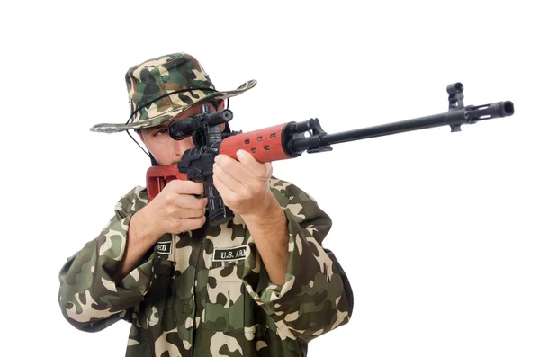 Asker beyaz izole silah ile — Stok fotoğraf
