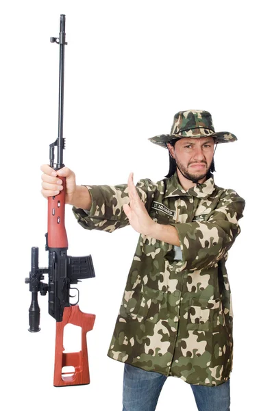 Солдат зі зброєю ізольований на білому — стокове фото