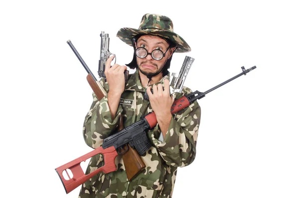 Soldado com armas isoladas em branco — Fotografia de Stock