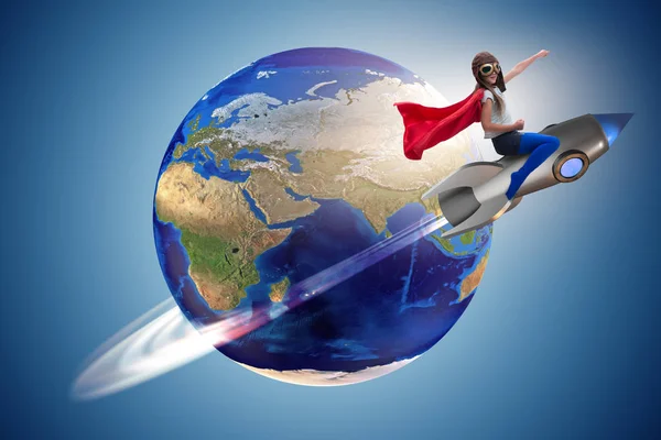 Malá holka létání raketa v superhrdina koncept — Stock fotografie