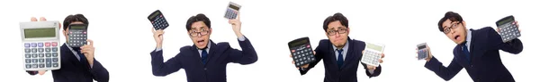 Grappige mens met calculator geïsoleerd op wit — Stockfoto