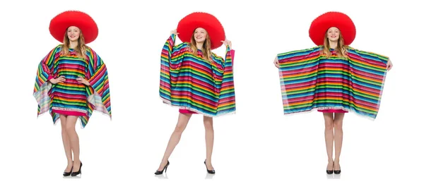 Jolie fille au poncho mexicain isolé sur blanc — Photo