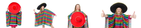 Menina bonita no poncho mexicano isolado no branco — Fotografia de Stock