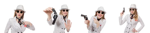 Menina bonita segurando arma de mão isolada no branco — Fotografia de Stock