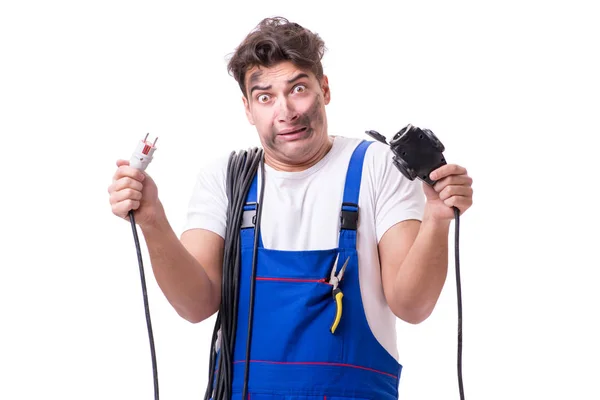 Komik adam Elektrik onarım işi — Stok fotoğraf