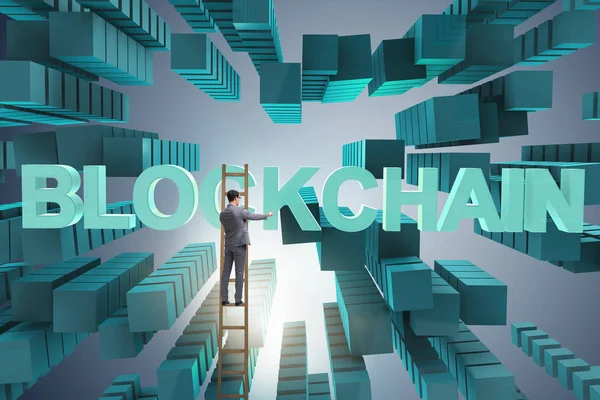 Empresario en concepto de criptomoneda blockchain — Foto de Stock