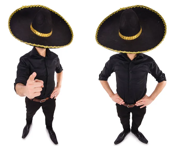 Homem engraçado usando chapéu sombrero mexicano isolado em branco — Fotografia de Stock