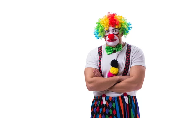 Смешной клоун ведет себя глупо на белом фоне — стоковое фото