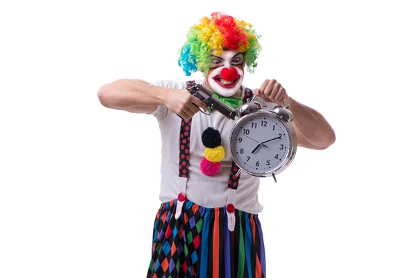 Funny clown with an alarm clock isolated on white background — Stock Photo, Image