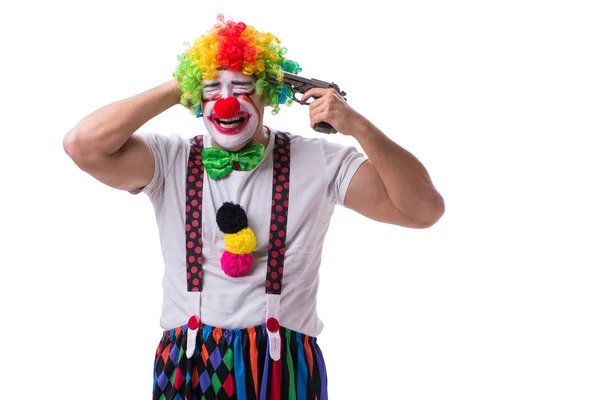 Buffo clown con una pistola isolata su sfondo bianco — Foto Stock