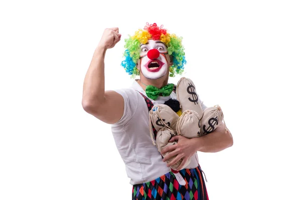 Śmieszny klaun z workami na pieniądze izolowane na białym tle — Zdjęcie stockowe
