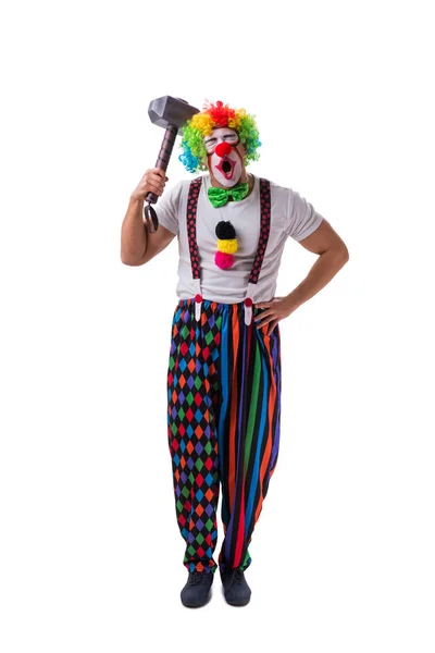 Rolig clown med en hammare isolerad på vit bakgrund — Stockfoto