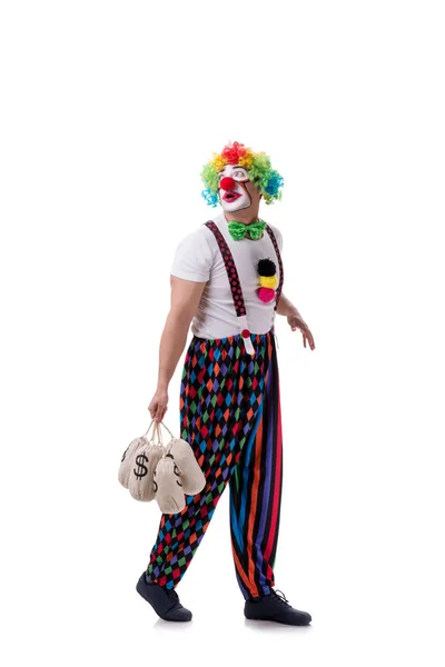 Rolig clown med pengar påsar säckar isolerade på vit bakgrund — Stockfoto