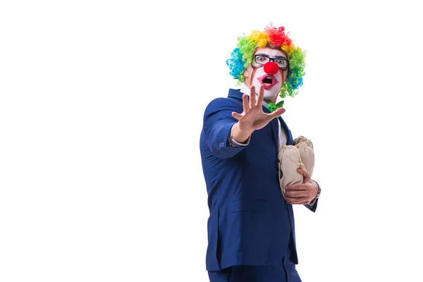 Drôle clown homme d'affaires avec des sacs d'argent sacs isolés sur blanc — Photo