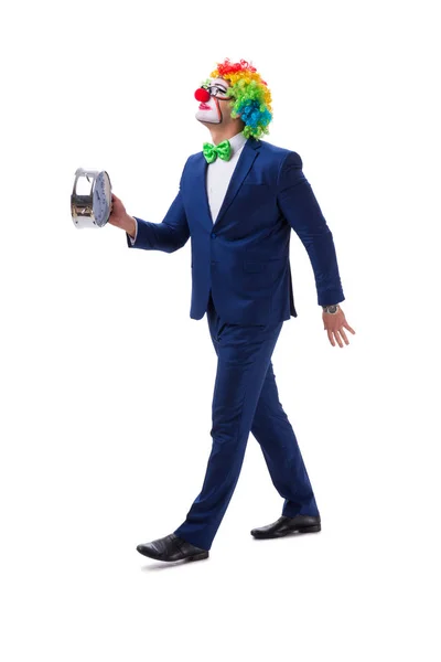 Lustige Clown Geschäftsmann mit einem Wecker isoliert auf weißen ba — Stockfoto